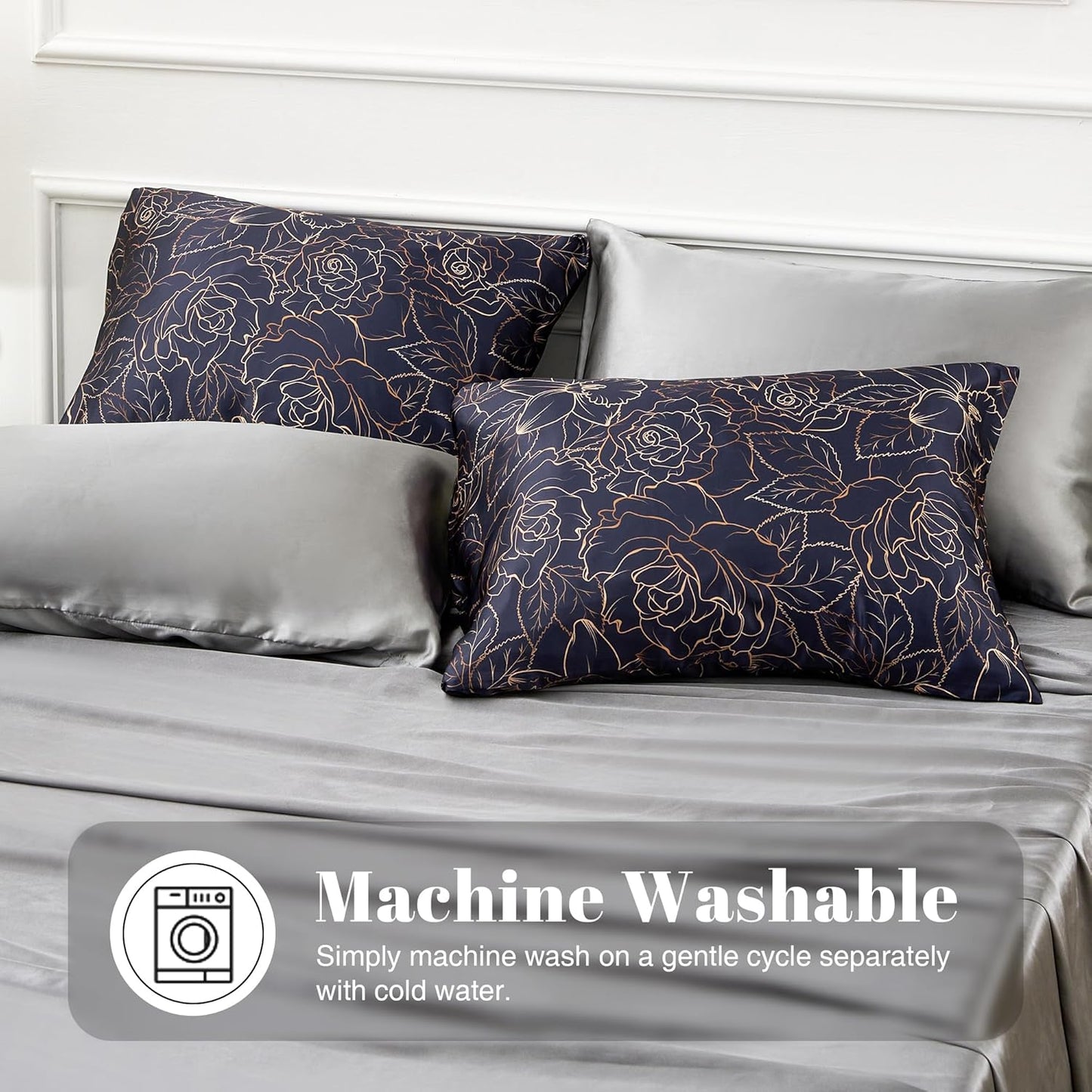 EXQ Home Satin Pillowcase for Hair and Skin- Rose on Blue Silk Pillowcase 2 Pack 20x26 inches - Standard Size Pillow Cases with Envelope Closure, Gifts for Women