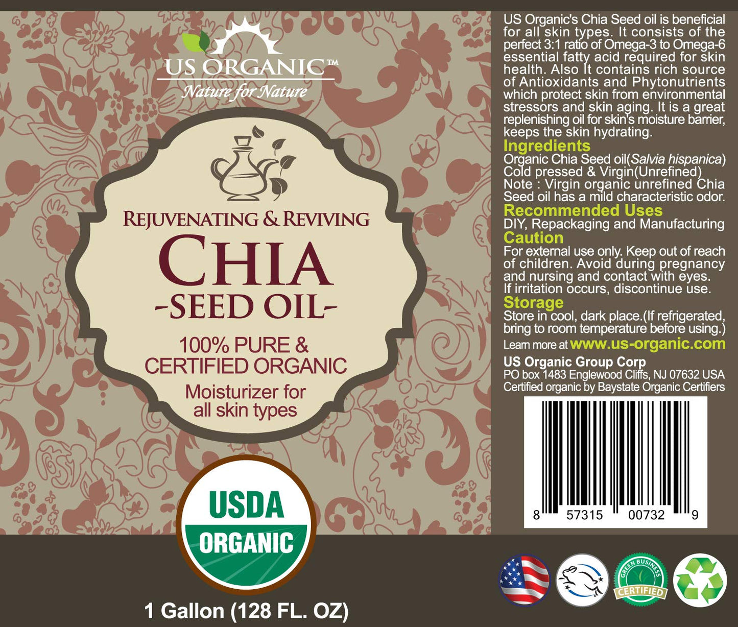 US Organic Chia Seed Oil, Certified Organic, Pure & Natural, Cold Pressed Virgin, Unrefined (128 oz (1 Gallon))