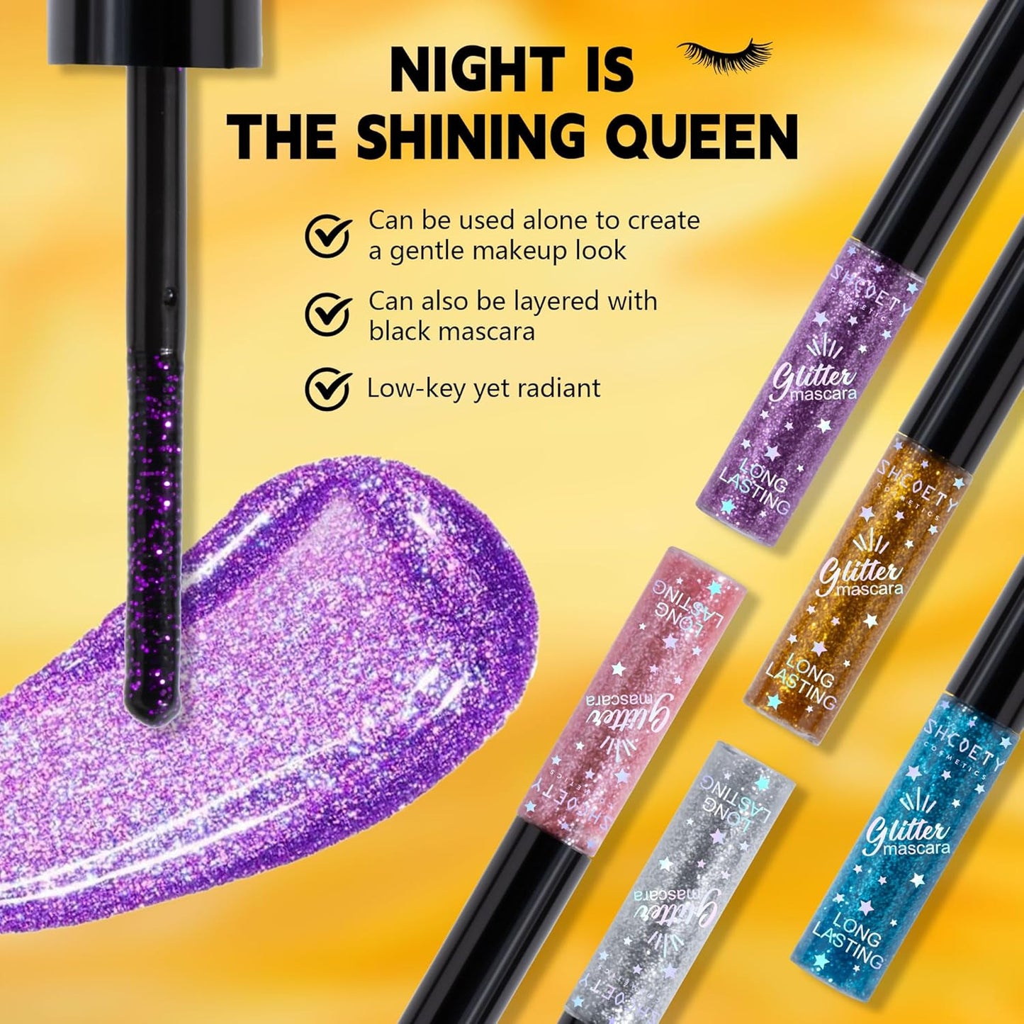 Glitter Colored Mascara, 5 Colors Diamond Effect Sparkle Mascara Set, Waterproof, Long Lasting Smudgeproof Voluminous Curling Colorful Eyelashes Party Wedding Music Festival Eyes Makeup