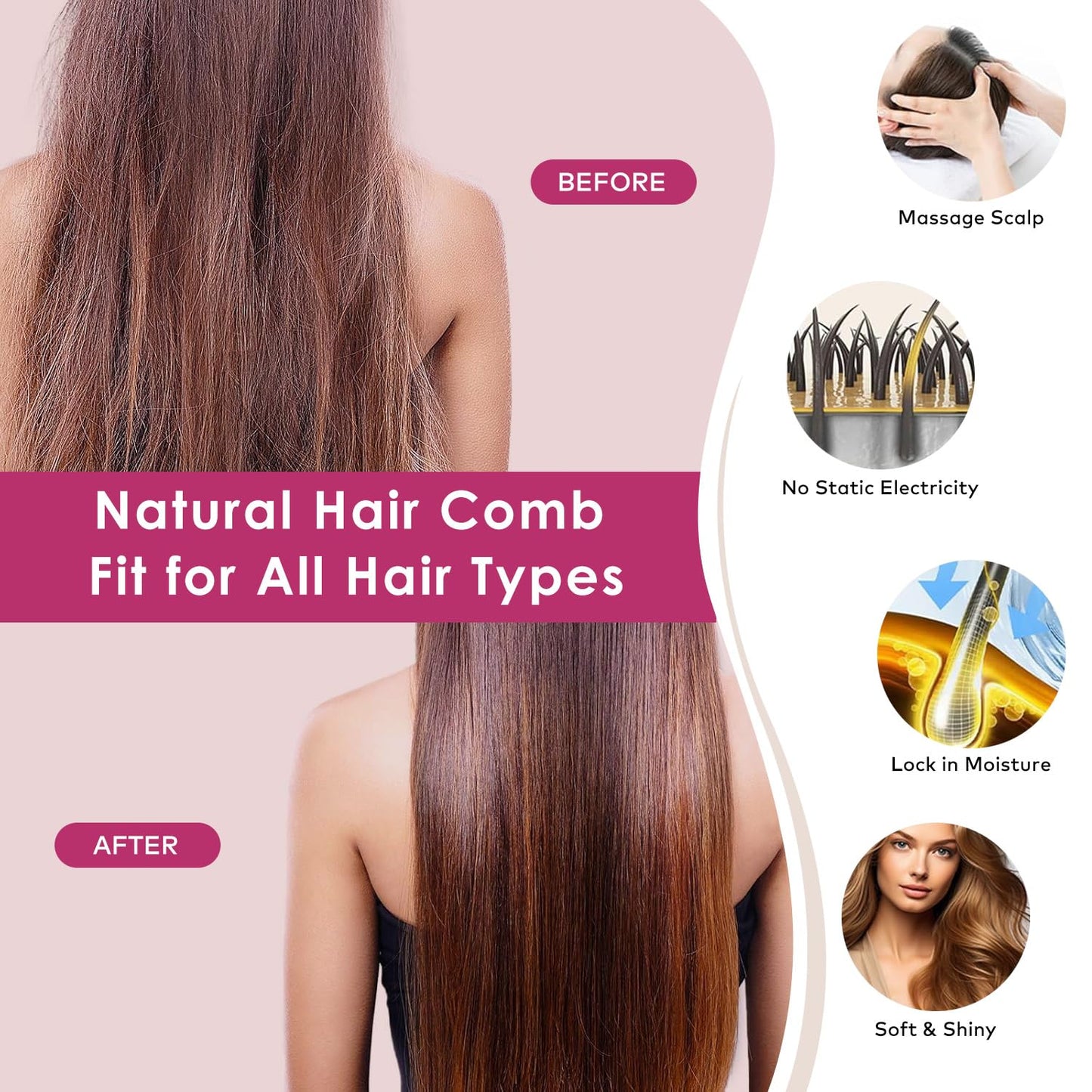 Sandalwood Hair Brush Comb, Bornbyme Wooden Bamboom Massage Scalp Comb for Hair Growth Anti-Static Detangler Brush for Women, Oval