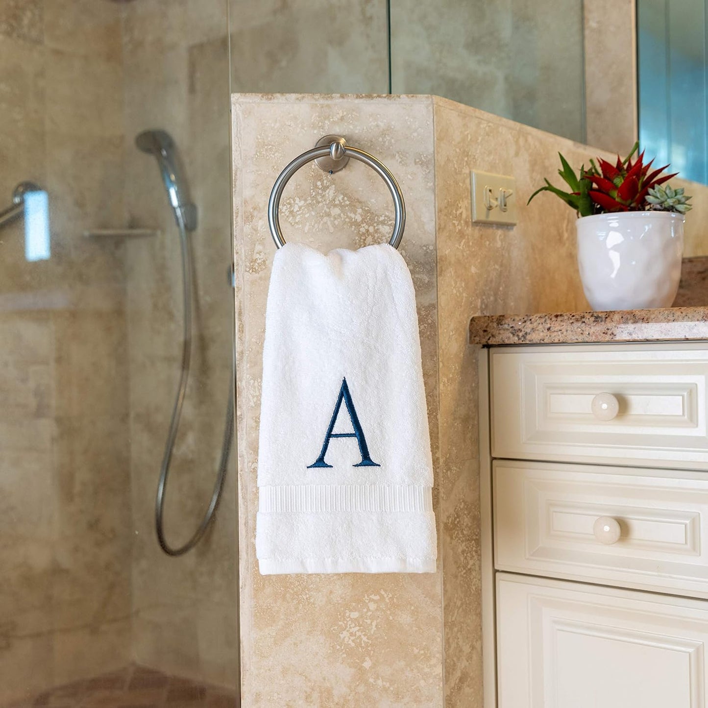 Monogrammed Hand Towels for Bathroom - Luxury Hotel Quality Personalized Initial Decorative Embroidered Bath Towel for Powder Room, Spa - GOTS Organic Certified - Set of 2 Navy Letter A