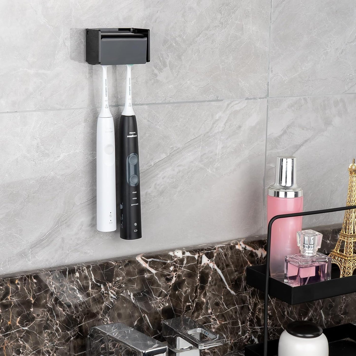 Toothbrush Holder Wall Mounted with Cover for Bathroom, 2 Slots Toothbrush Storage Organizer for Shower, Self Adhesive Toothbrush Hanger Rack for Dorm, Cabinet (Black)