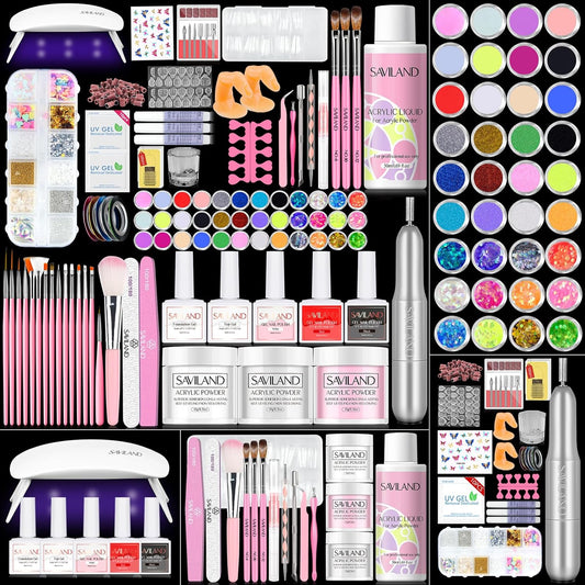 SAVILAND Acrylic Nail Kit with Drill: Professional Nail Kit Acrylic Set for Beginners with Everything Gel Polish U V Light Decorations for Home Salon Gift Set