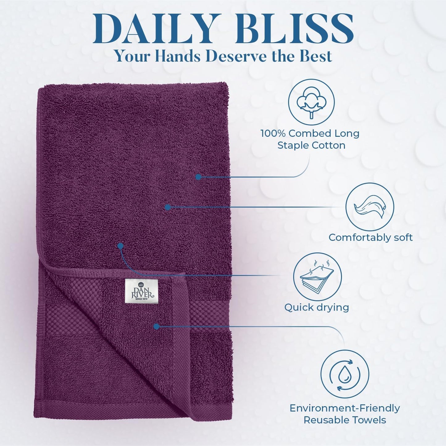 DAN RIVER 6-Pack Premium Hand Towels (16x28 Inches) - 100% Cotton, Ultra Soft, Lightweight, Highly Absorbent Towels for Bathroom, Spa, Gym, Salon, Hotel, and Travel - 550 GSM – Purple Passion