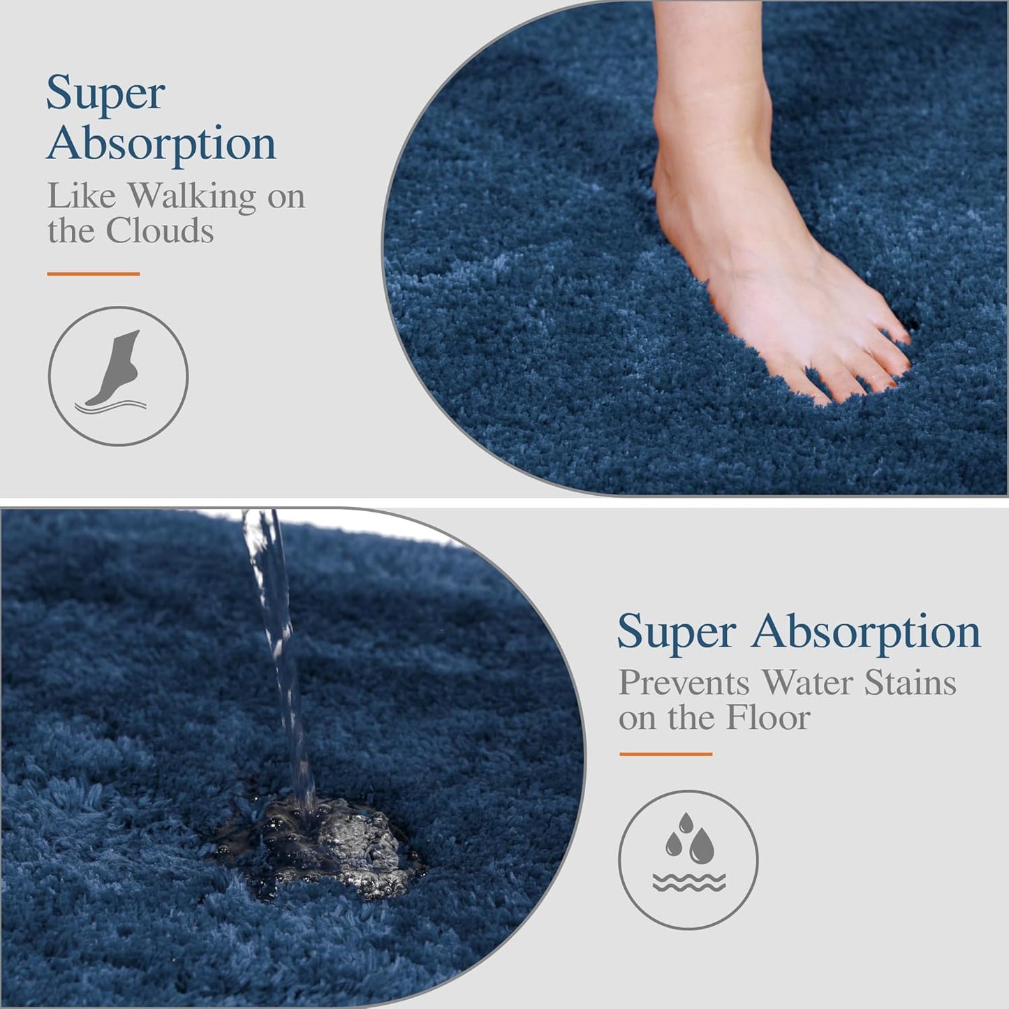 Walensee Bath Mat, Navy, 20 x 32, Non Slip, High Pile, Microfiber, Shag Rug, Machine Washable, Water Absorbent, Soft, Thick Plush, Bathroom