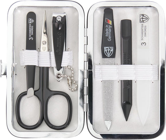 3 Swords Germany - Brand Quality 6 Piece Manicure Pedicure Grooming kit Set - Scissors, Metal and Glass Nail File, Clipper, Tweezers with Synthetic Leather case - White/Black Tools
