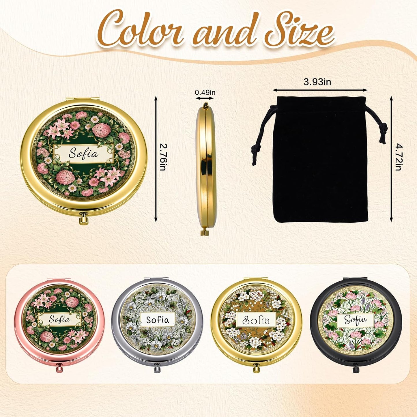 Custom Compact Mirror with Name - Personalized Flip Makeup Travel Pocket Mirror Gift for Women Bridesmaids Wedding Birthday (Classic Flower)