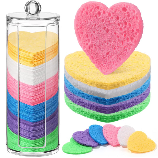 Sieral 120 Pcs Compressed Facial Sponges with Container Disposable Face Sponge Pads for Washing Face Cleansing Exfoliating Esthetician Makeup Removal(Heart,Colorful)