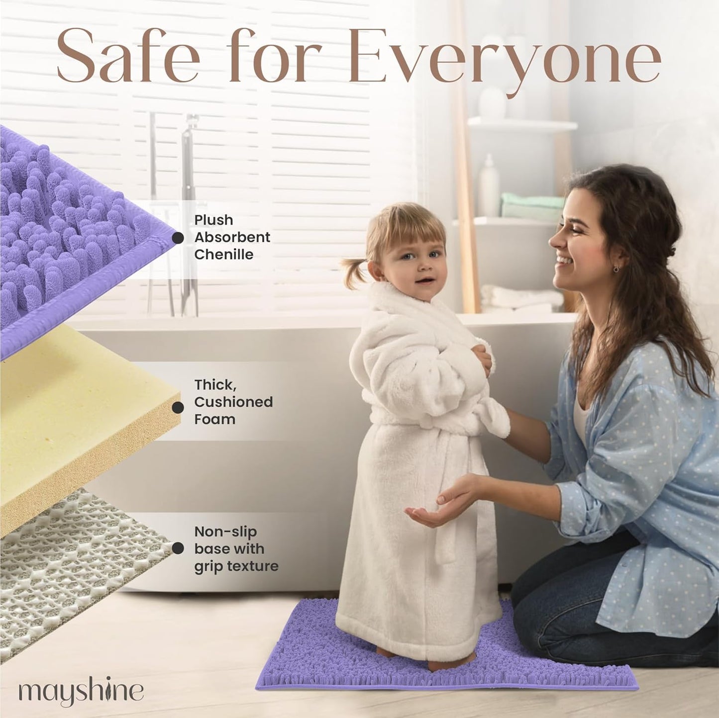 MAYSHINE Plush Shaggy Chenille Bath Mat | Extra Soft, Super Absorbent, Non-Slip Bathroom Rug | Fluffy Microfiber, Area Rug Sets for Bathroom Floor, Kitchen, Living Room | 39"x24" | Lavender