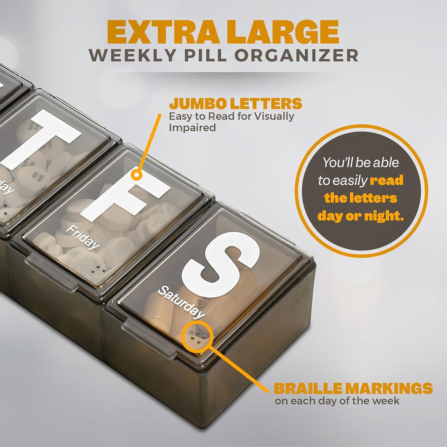 Weekly Pill Organizer - (Pack of 2) Extra Large Vitamin Container with Jumbo Easy to Read Letters, BPA Free - Daily Travel 7 Day Medication Pill Box Case, (Black)