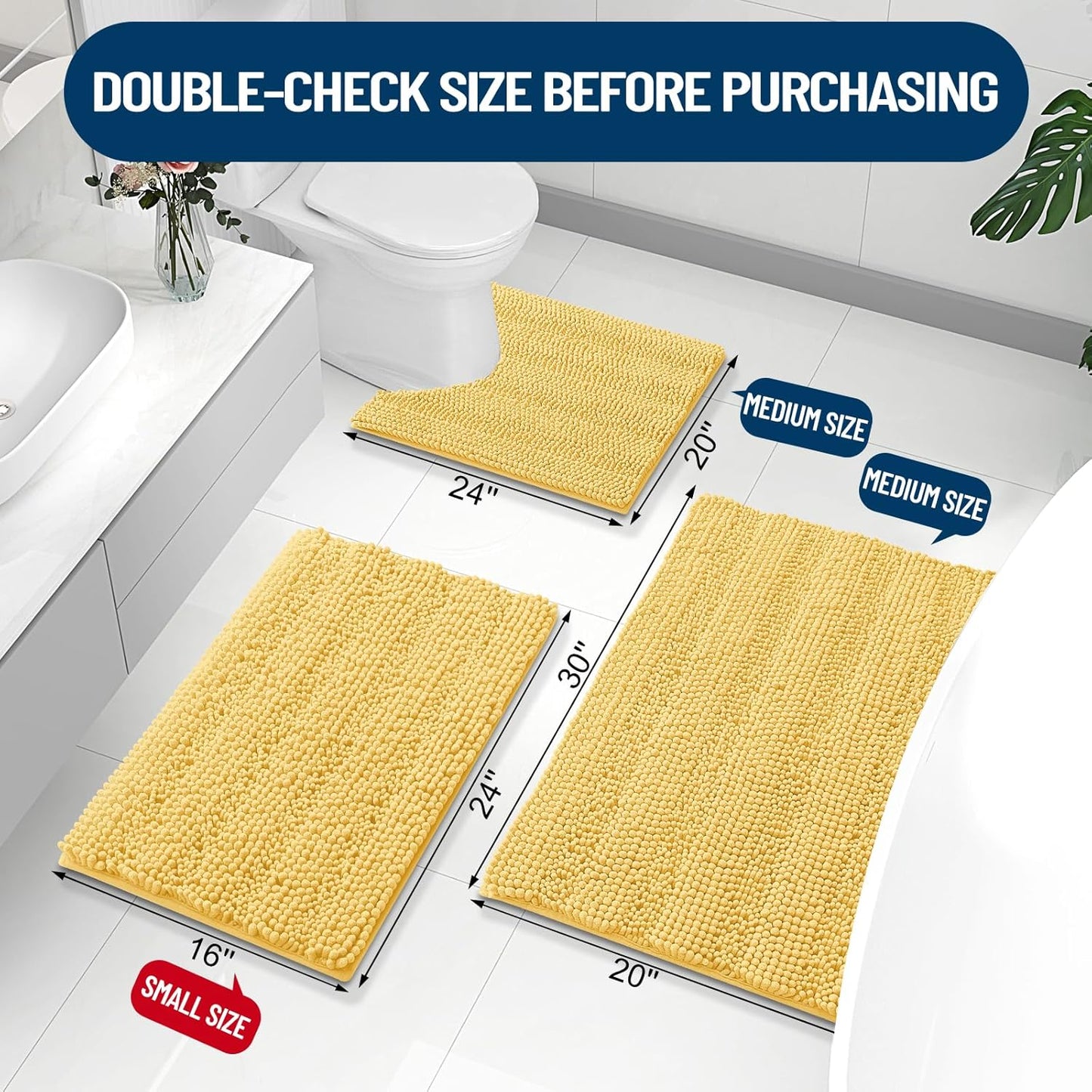Grandaily Chenille Striped Bathroom Rugs 30x20, Extra Thick and Absorbent Bath Mats, Non-Slip Soft Plush Shaggy Shower Carpet, Machine Wash Dry, Bath Rug for Bathroom, (Medium, Yellow)