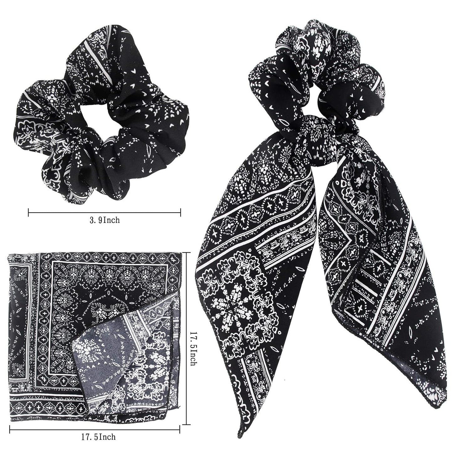 Hair Scarf Ties Ponytail with 6PCS Scarf-Scrunchies, Paisley Flower Printing, Chiffon Material, for Women Girls, Hair Accessories