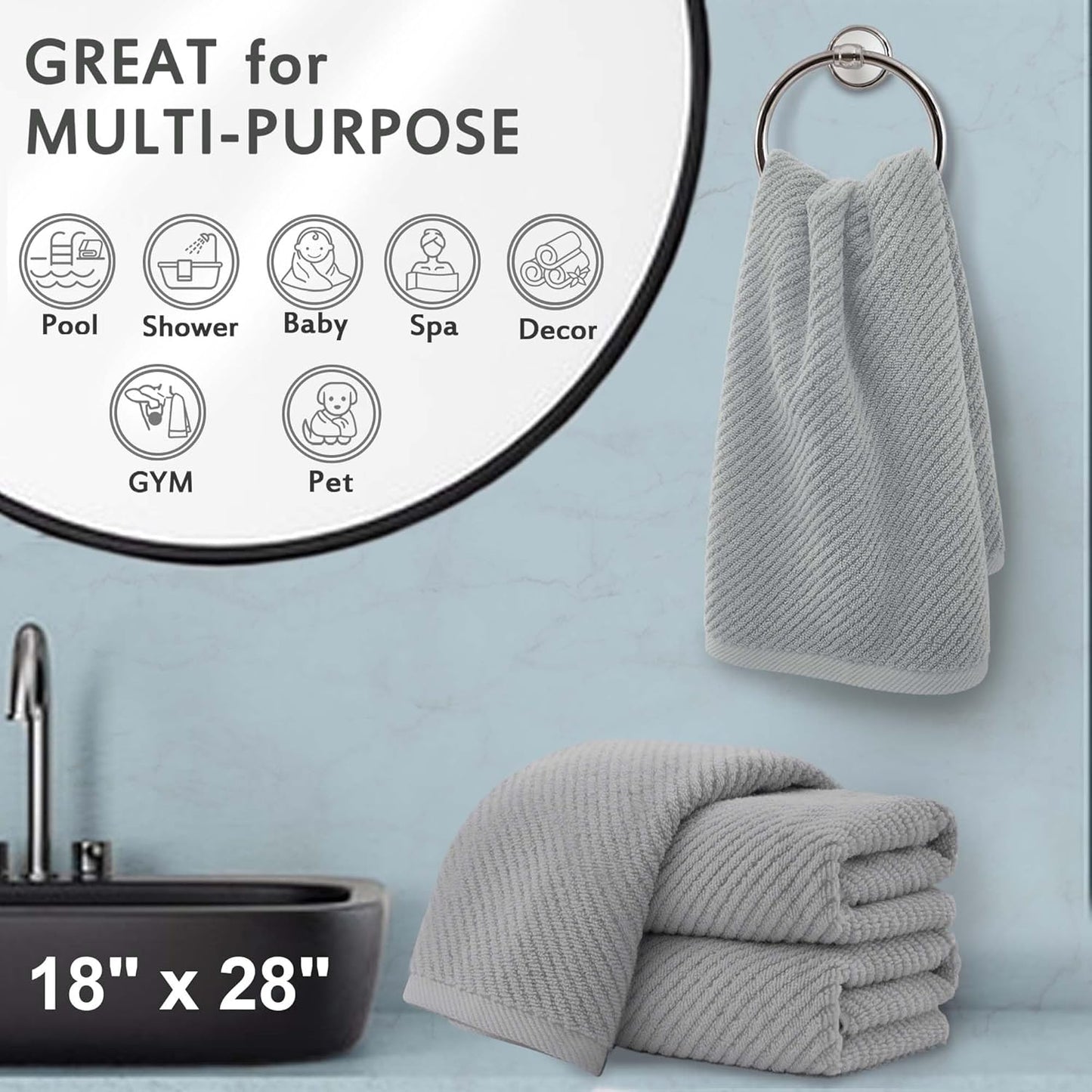 VOOVA & MOVAS Grey Hand Towels for Bathroom, Large 18" x 28" - 100% Cotton | Lightweight | Thick | Quick Dry | Soft | Absorbent, Bathroom Hand Towels Set of 4, Grey Towel Gift Set