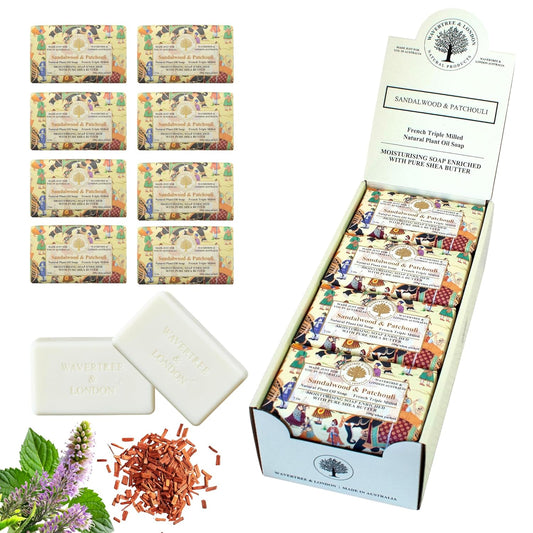Wavertree & London Sandalwood & Patchouli Scented Natural Soap Bars (Pack of 8), 7oz Moisturizing French Triple Milled Soap Bars enriched with shea butter, Plant Based Safe for All Skin Types