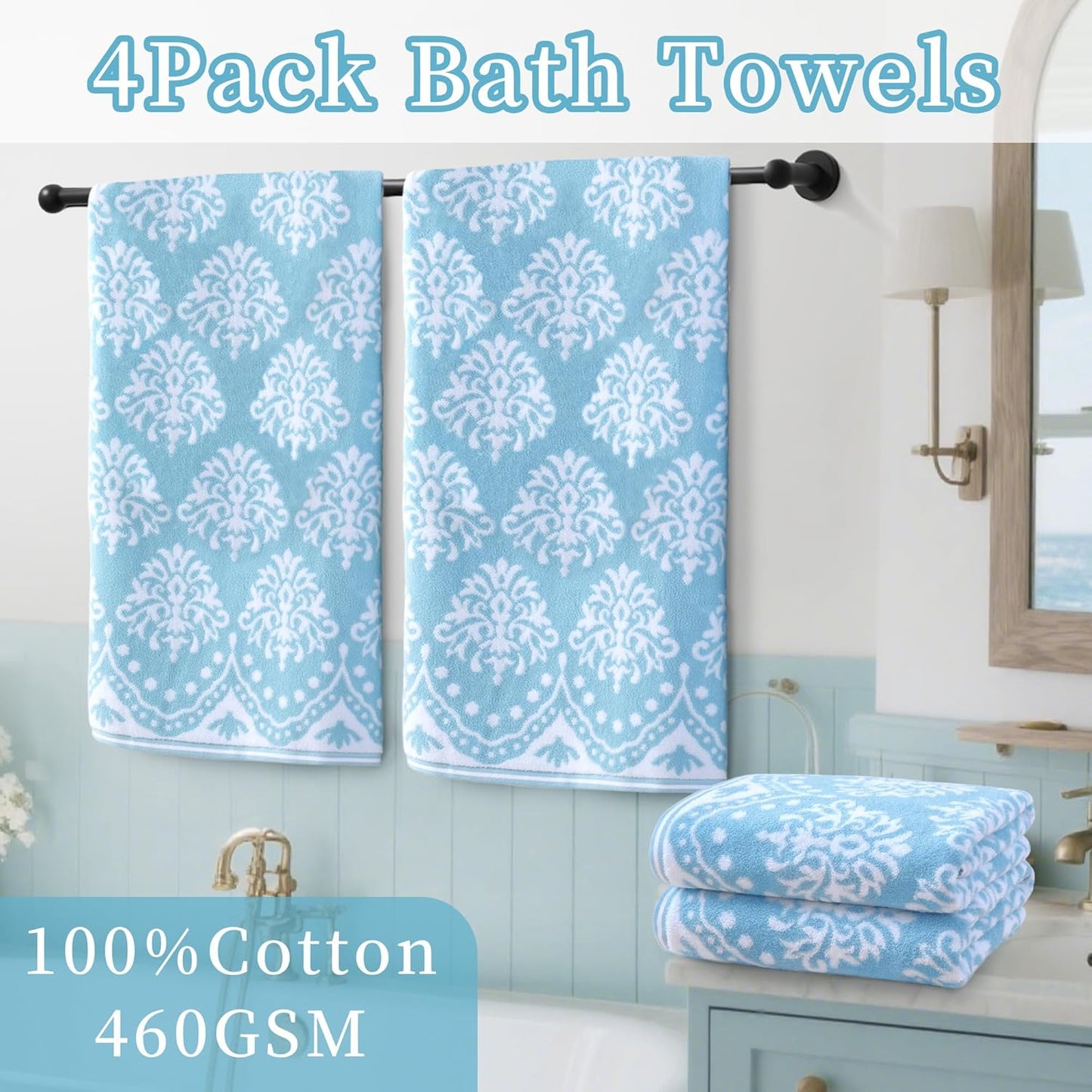 Patterned Bath Towels (4 Pack, 28"x52") - 100% Cotton | Quick Dry | Soft | Light Weight | Absorbent, Decorative Bath Towels Set for Bathroom, Bathroom Essentials, Aqua and White Damask Jacquard