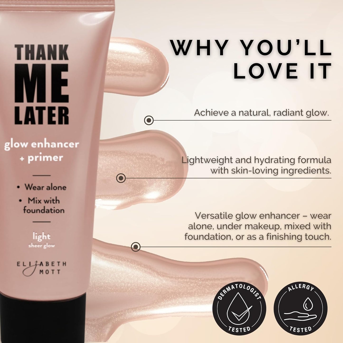 Elizabeth Mott Thank Me Later Glow Enhancer & Primer - Illuminating Makeup Base & Highlighter for Radiant Skin - Lightweight, Long-Lasting, Vegan & Cruelty-Free, Sheer Light Glow Shade, 30g