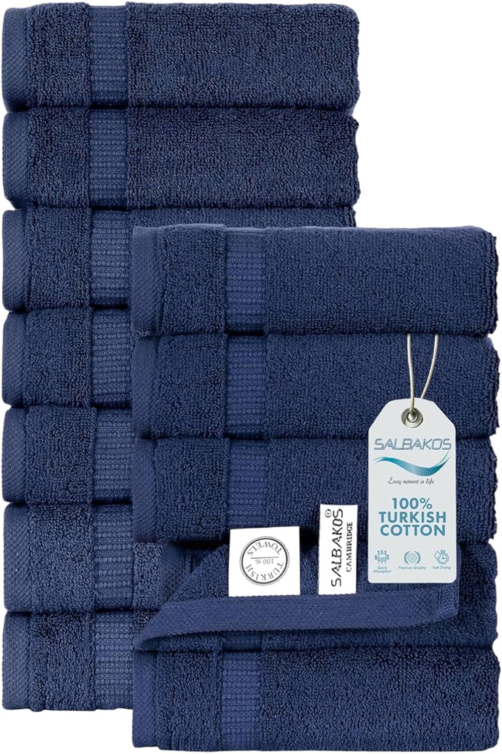 SALBAKOS 100% Turkish Cotton Washcloth Set of 12 13x13 inch | Heirloom Quality | Hotel & Spa Collection | Ultra Soft, Super Absorbent, Washcloth Towels | Made in Turkey (Navy, 12 Washcloths)
