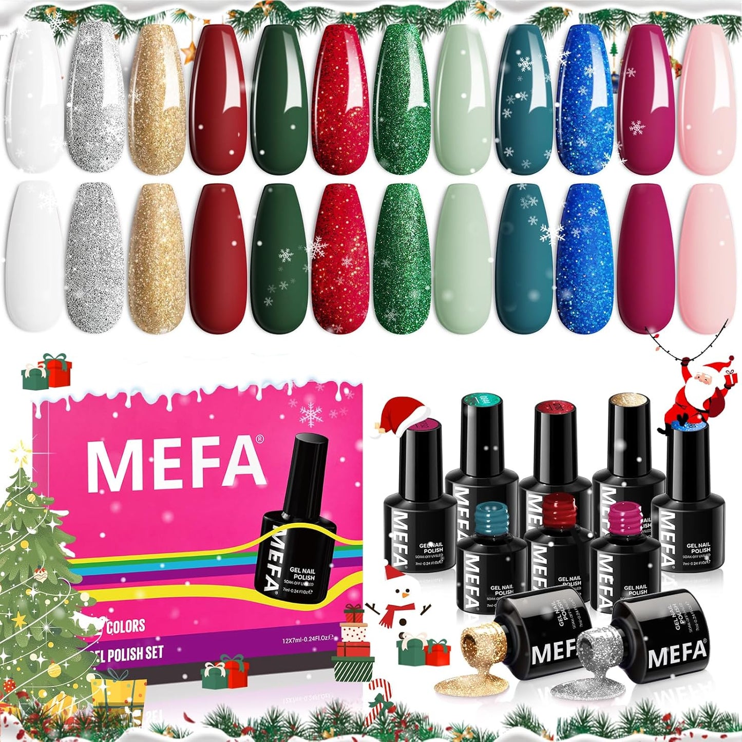MEFA Christmas Gel Nail Polish Set Limited Edition, 12 Colors Burgundy Red Dark Green Glitter Gel Polish Winter Silver Gold Sparkle Nail Polish Manicure Soak Off Salon Christmas Gifts for Women Girl