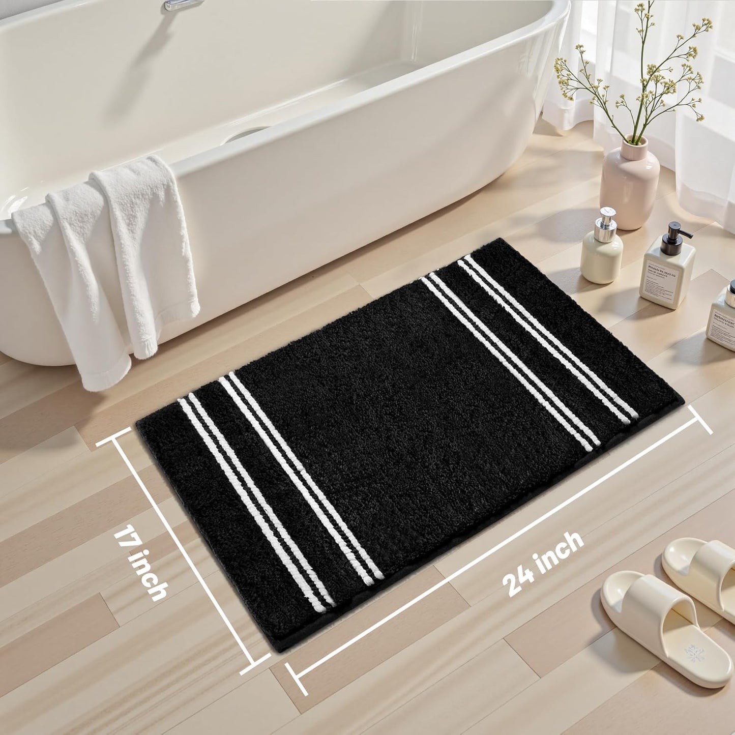Bathroom Rugs 17x24 Extra Soft Absorbent Bath Mat Chenille Non Slip Shower Mat Rubber Backing Machine Washable Bath Mats for Bathroom Shaggy Black Bath Rugs for Tub, Hallway