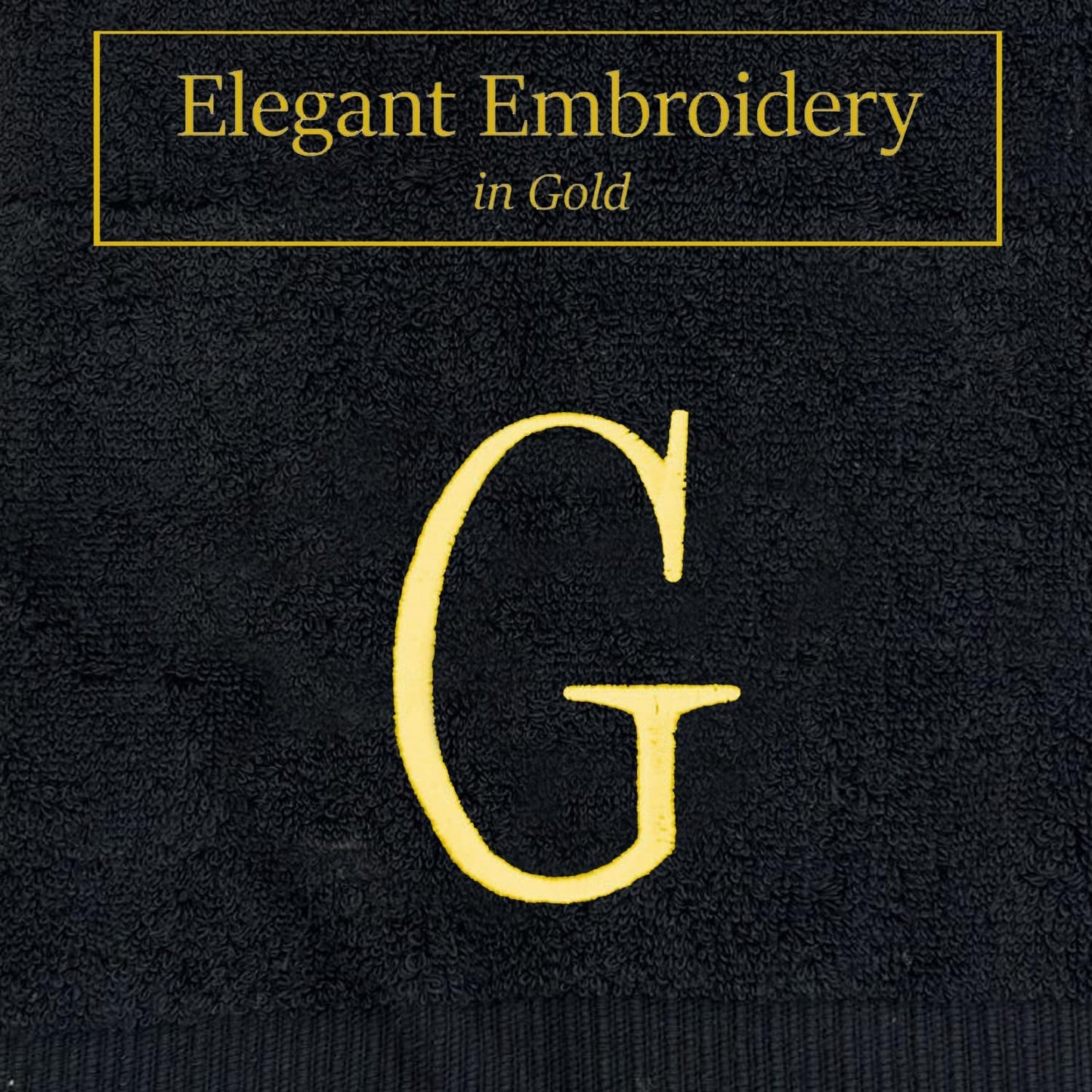 Black Powder Room Hand Towel - Monogram Initial Hotel Quality Decorative Embroidered Luxury Towel for Spa - GOTS Organic Certified - Pack of 2 - Letter G