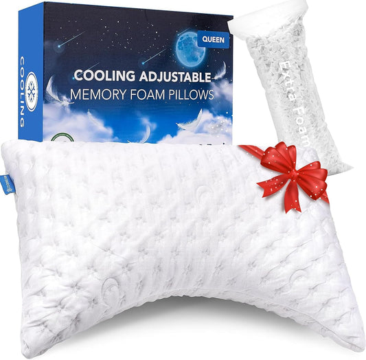 Cooling Side Sleeper Pillow for Neck and Shoulder Pain, Luxury Shredded Memory Foam Curved Bed Pillows for Sleeping Set of 1- Adjustable Queen Size- Washable Cover Crescent White