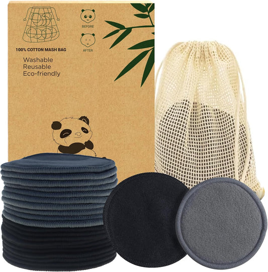 Reusable Makeup Removal Pads - 20 Pack with Laundry Bag - Soft Black Reusable Cotton Makeup Remover Pads for Face - Washable Bamboo Cotton Rounds