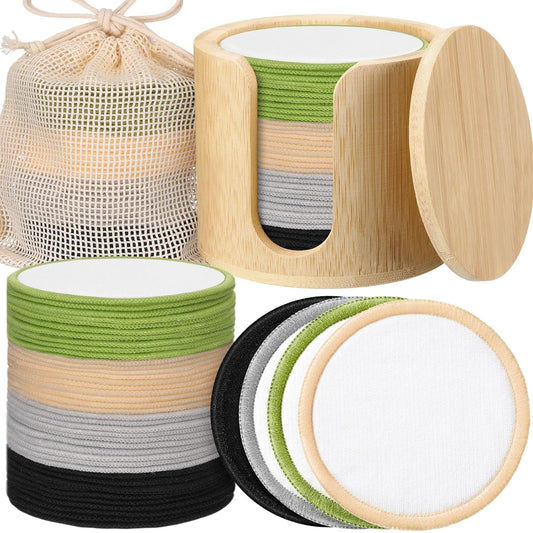 Foaincore 40 Pcs Reusable Makeup Remover Pads with Mesh Laundry Bag Washable Bamboo Cotton Rounds Soft Reusable Face Pad for Toner Skin Types with Bamboo Holder(Integrated Color)