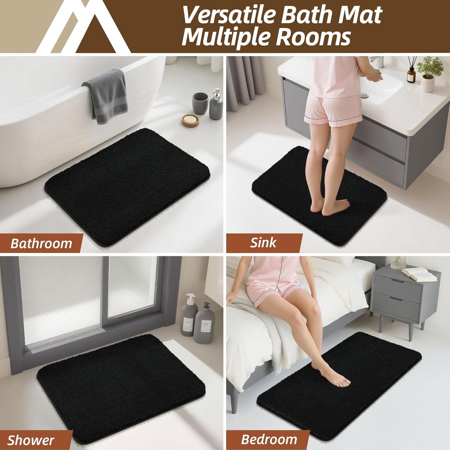 COSY HOMEER Bathroom Rugs Mat 24”x36” Absorbent Non-Slip Bath Mat Plush Shaggy Machine Washable Bath Rugs Soft Polyester Bath Mats for Bathroom Floor,Tub and Shower,Black