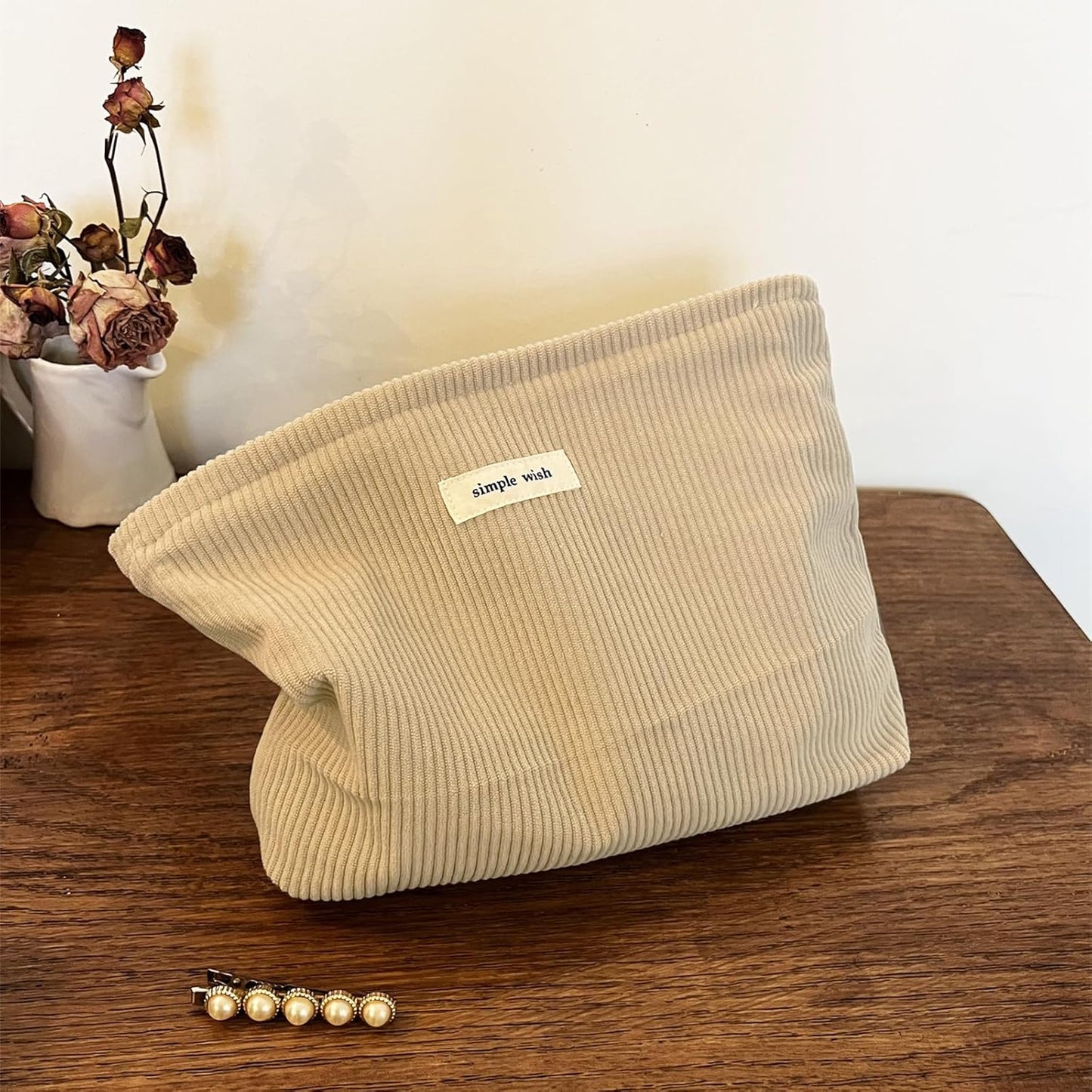 Wudygirl Makeup Bag Corduroy Cosmetic Bag for Women Large Capacity Makeup Pouch Travel Toiletry Bag Portable Make-up Organizer Zipper Handbag Pouch (Khaki)