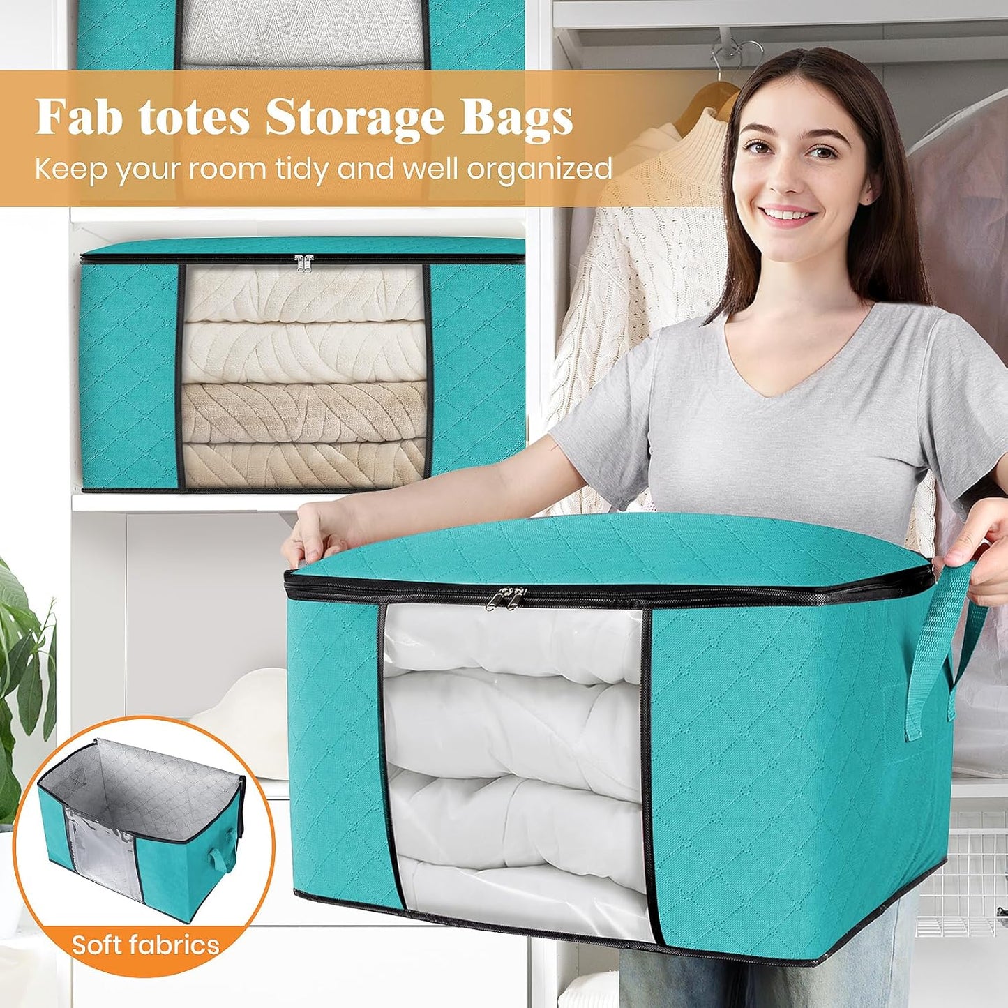 Fab totes 4 Pack Clothes Storage, Foldable Thick Fabric Blanket Storage Bags, Containers for Organizing Bedroom, Closet, Clothing, Comforter,Closet Organization with Handle,Green