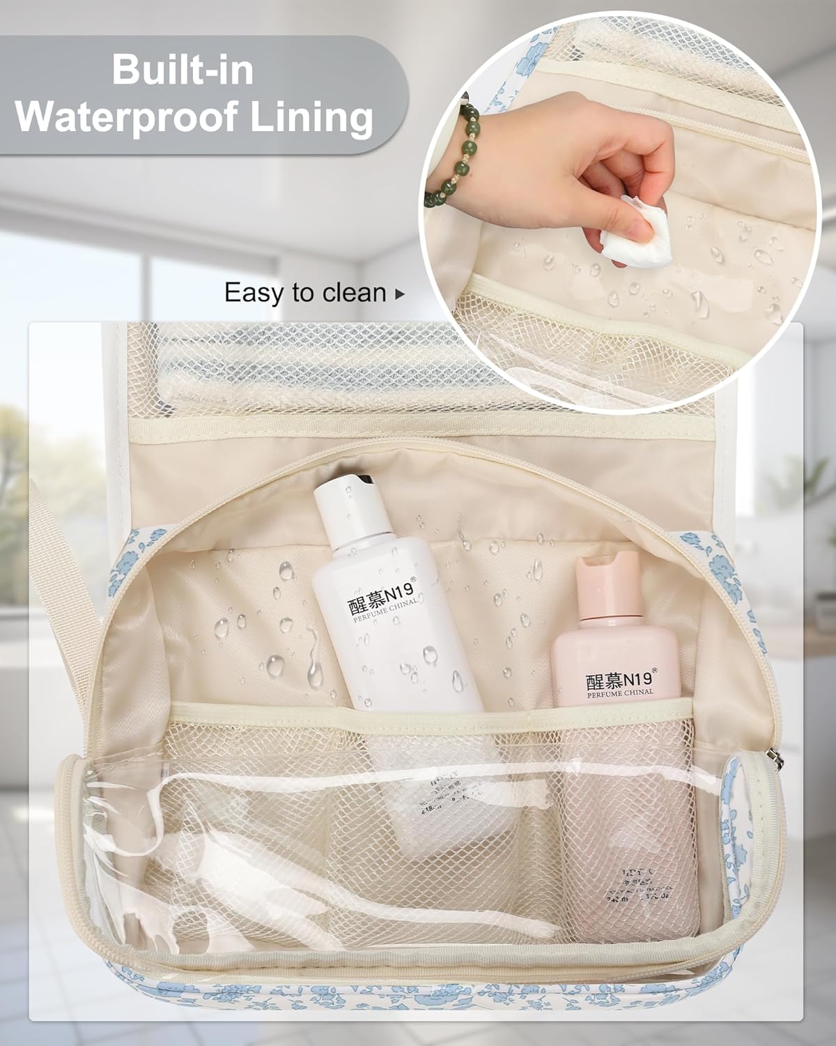 Hanging Toiletry Bag, Travel Toiletries Bag with Hanging Hook, Water Resistant Makeup Cosmetic Organizer for Full Sized Container, Shampoo, Portable Wash Bag for Travel Size Essentials - Blue Flower