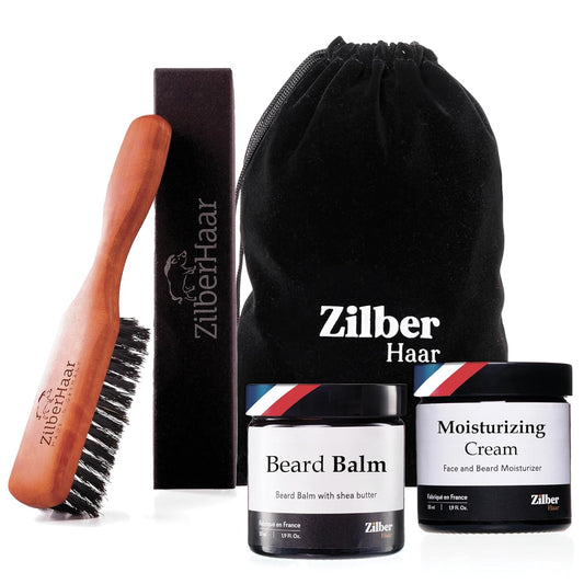 ZilberHaar - Beard Care Kit for Men - 1 Regular Beard Brush + 1 Beard Balm + 1 Moisturizing Cream - Stiff Boar Bristles and Beech Wood - Short to Medium Length Beards - Supplied in a Velvet Bag