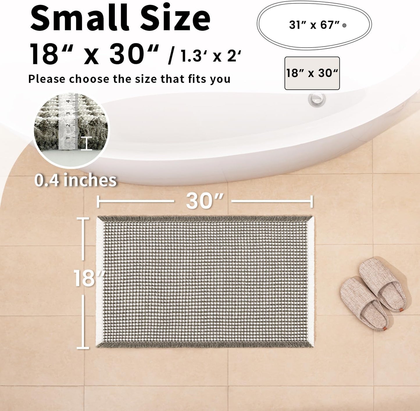 Waffle Bath Mat - Boho Bathroom Rugs Non Slip Washable, Super Absorbent & Quick Dry, Small Bath Mats Farmhouse Bathroom Decor, 18'' x 30'', Olive Green and White