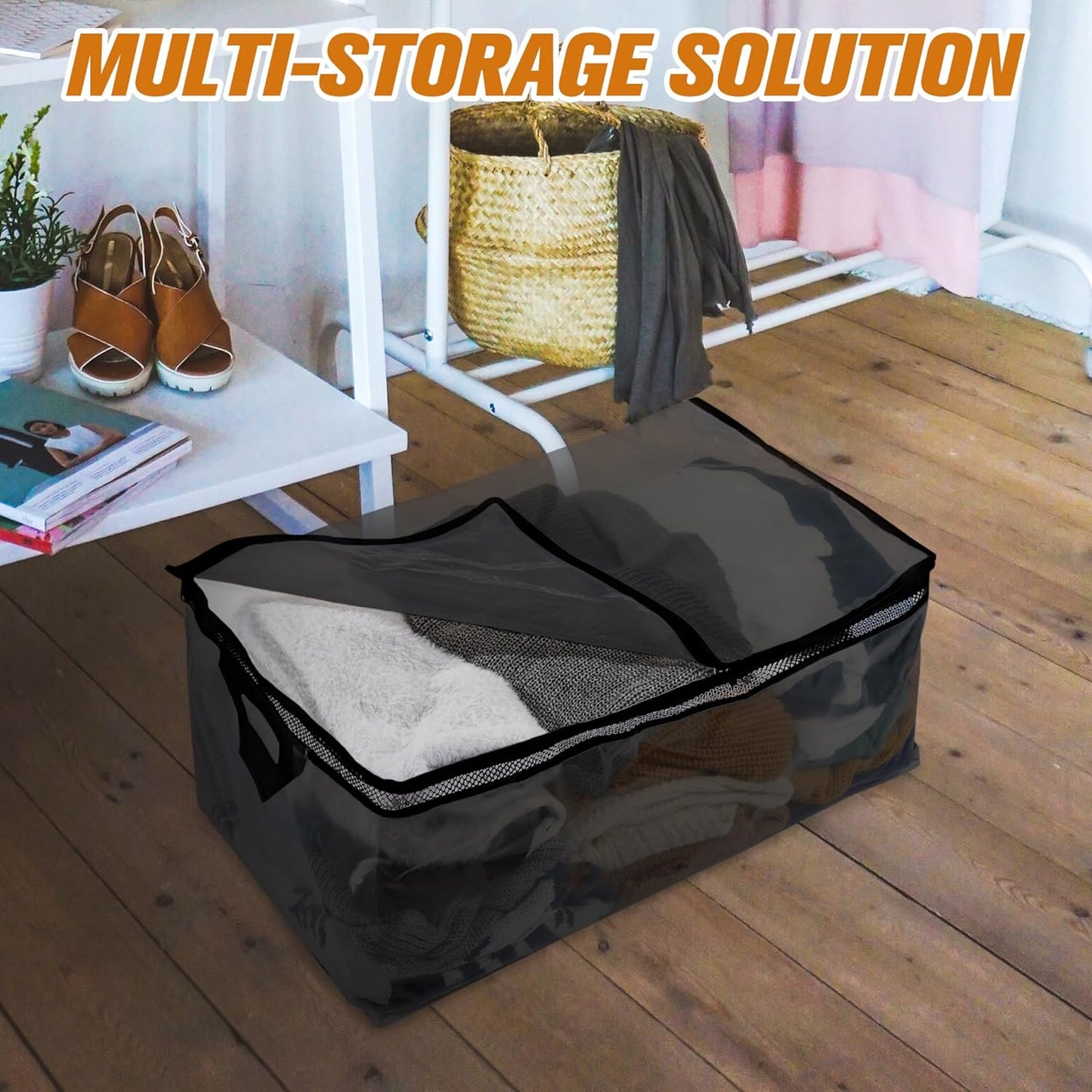 HIBAG 20 Gallon Large Storage Bag for Clothes, Zipper Clothing Storage Bag Organizer with Handles, for Comforters Blankets Pillows Bedding (Black, 2 Pack)