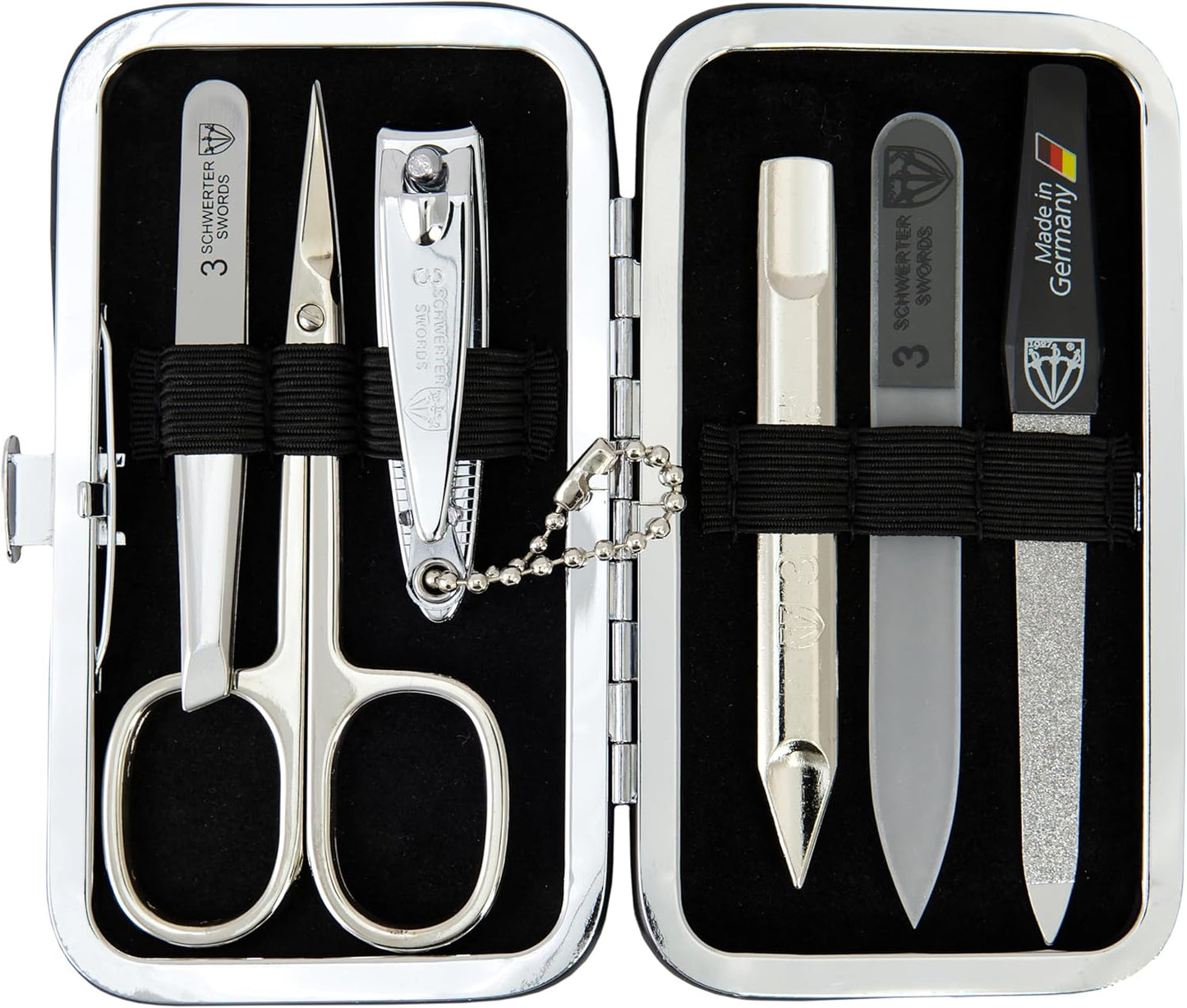 3 Swords Germany - Brand Quality 6 Piece Manicure Pedicure Grooming kit Set - Scissors, Metal and Glass Nail File, Clipper, Tweezers with Synthetic Leather case - Black