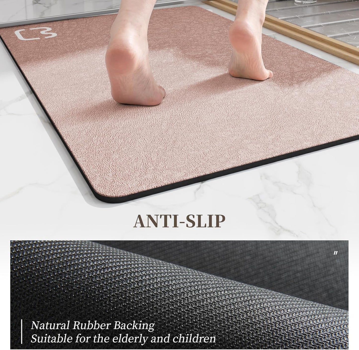 2 Piece Bathroom Rugs Mat Set - Quick Dry Diatomaceous Earth Bath Mat for Bathroom Non-Slip Bath Rug with Rubber Backing, Absorbent Bath Mat Thin Bath Floor Mat, 15.7x23.6+15.7x47.2 Inch, Blush Pink