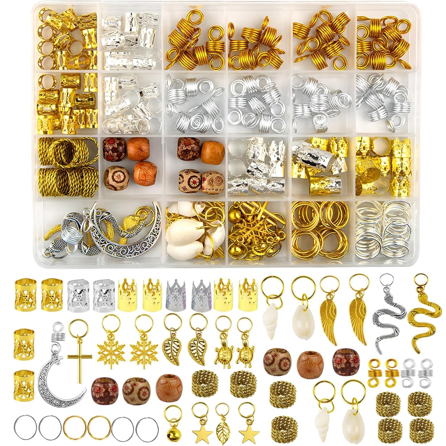 241 PCS Hair Jewelry for Braids and Locs - Metal Gold Silver Clips, Shells, Imitation Wood Beads, Charms, Adjustable Cuffs, Rings for Women and Girls