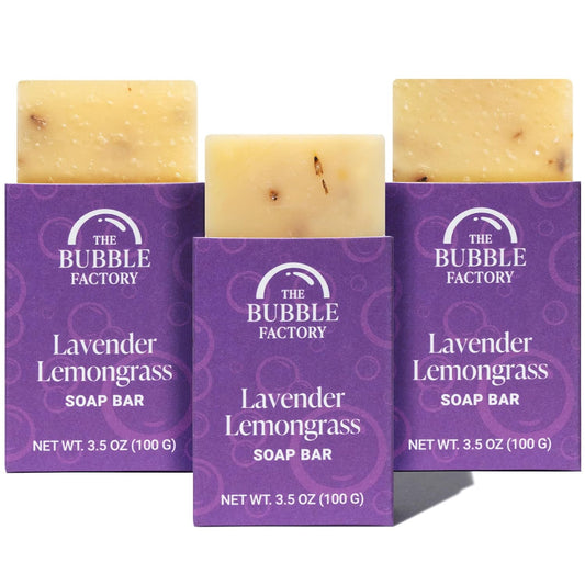 The Bubble Factory Handmade Natural Bath & Body Soap Bar, Vegan, All-Natural, Palm Oil Free, Made in USA with Shea Butter + Essential Oils, Lavender Lemongrass, 3 Bars