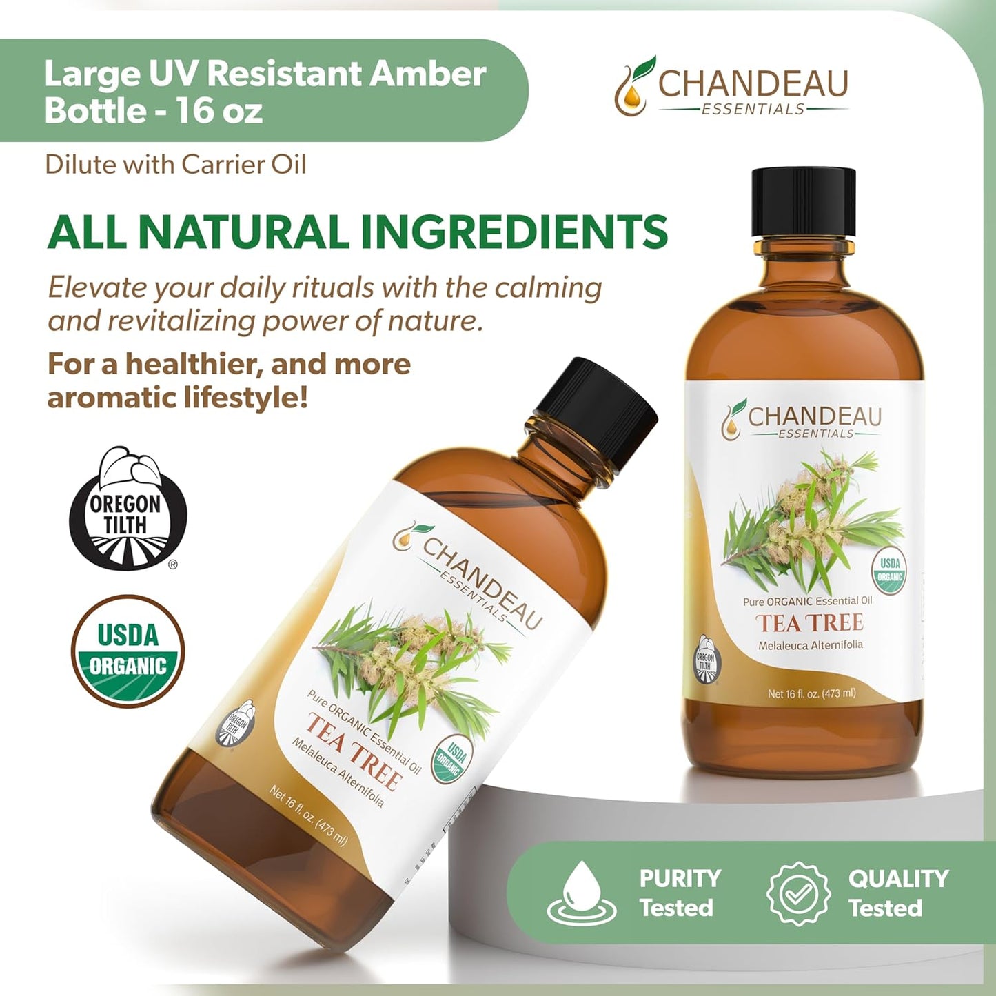 100% Pure Organic Essential Oil, Pure Tea Tree Essential Oil for Aromatherapy, Soap Making, Candles, Laundry, Perfume, Cleaners or Diffusers - Large Amber Glass Bottle, 16 oz.