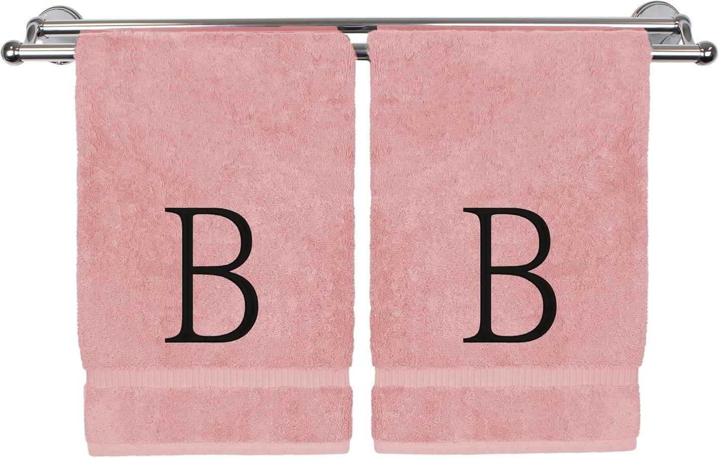 Monogrammed Hand Towel, Personalized Initial Gift, Extra Absorbent 100% Turkish Cotton - Soft Terry Finish - Set of 2 - Black Block Initial B - Embroidered on Pink Towels