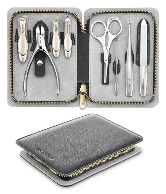 Manicure Set 8 in 1,Professional Pedicure kit,Stainless Steel Manicure Kit,Portable Travel Grooming Kit Nail Care Tools,Nail Clippers Pedicure Tools with Leather Travel Case(Dark Brown)