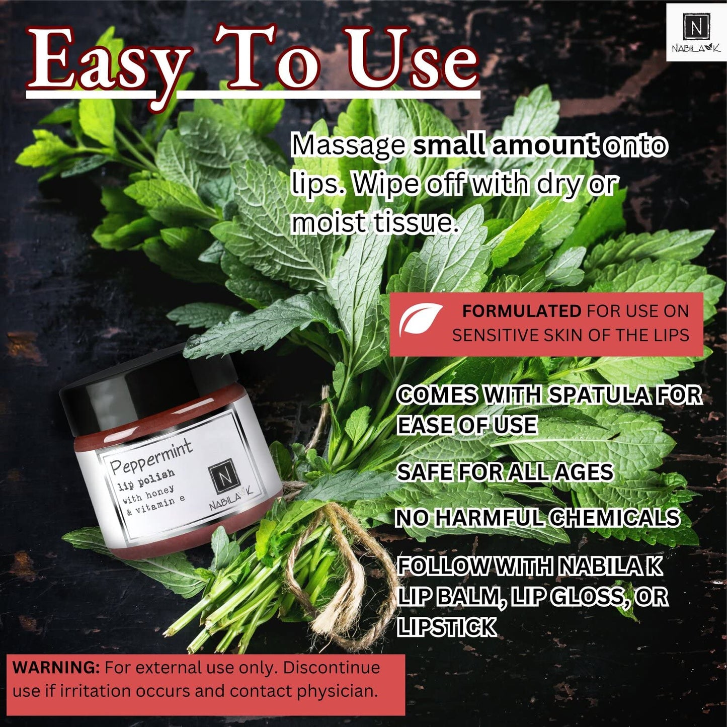 Peppermint Lip Polish, 1 oz by Nabila K - Hydrating Lip Exfoliator & Moisturizer with Honey and Vitamin E for Dry and Chapped Lips - Cruelty-Free, Real Sugar, Made in USA