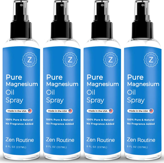 Pure Magnesium Oil Spray – 8oz (4 Pack) - Organic USP Grade, Magnesium Oil for Feet, Magnesium from Ancient Minerals - Aceite de magnesio para Los pies - Natural Magnesium Chloride, Made in The USA