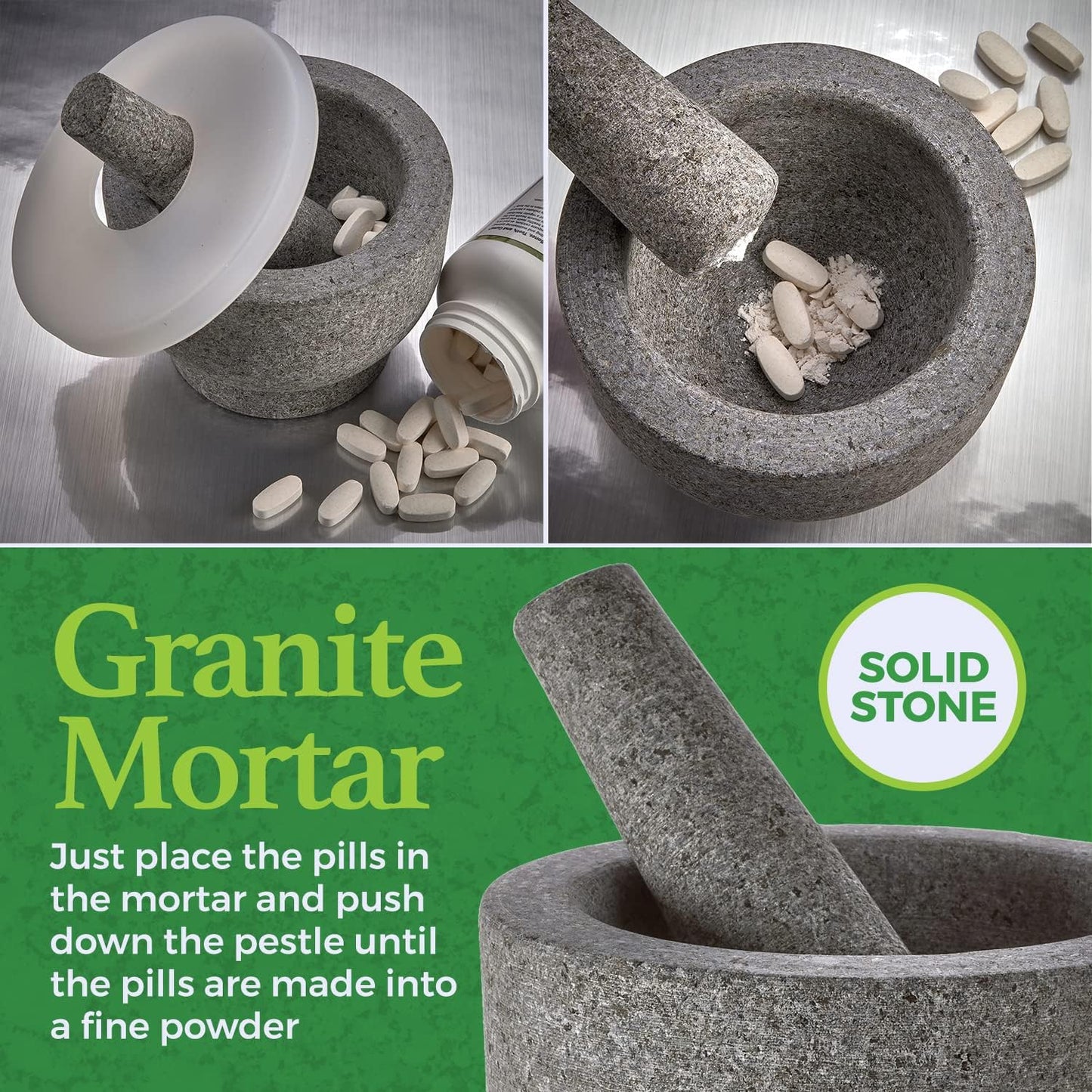 Granite Pill Crusher Set - Easy Grip Non-Slip Stone Muddler & Deep Bowl with Silicone Lid - Mortar and Pestle Grinder for Pills, Tablets, Vitamins and More