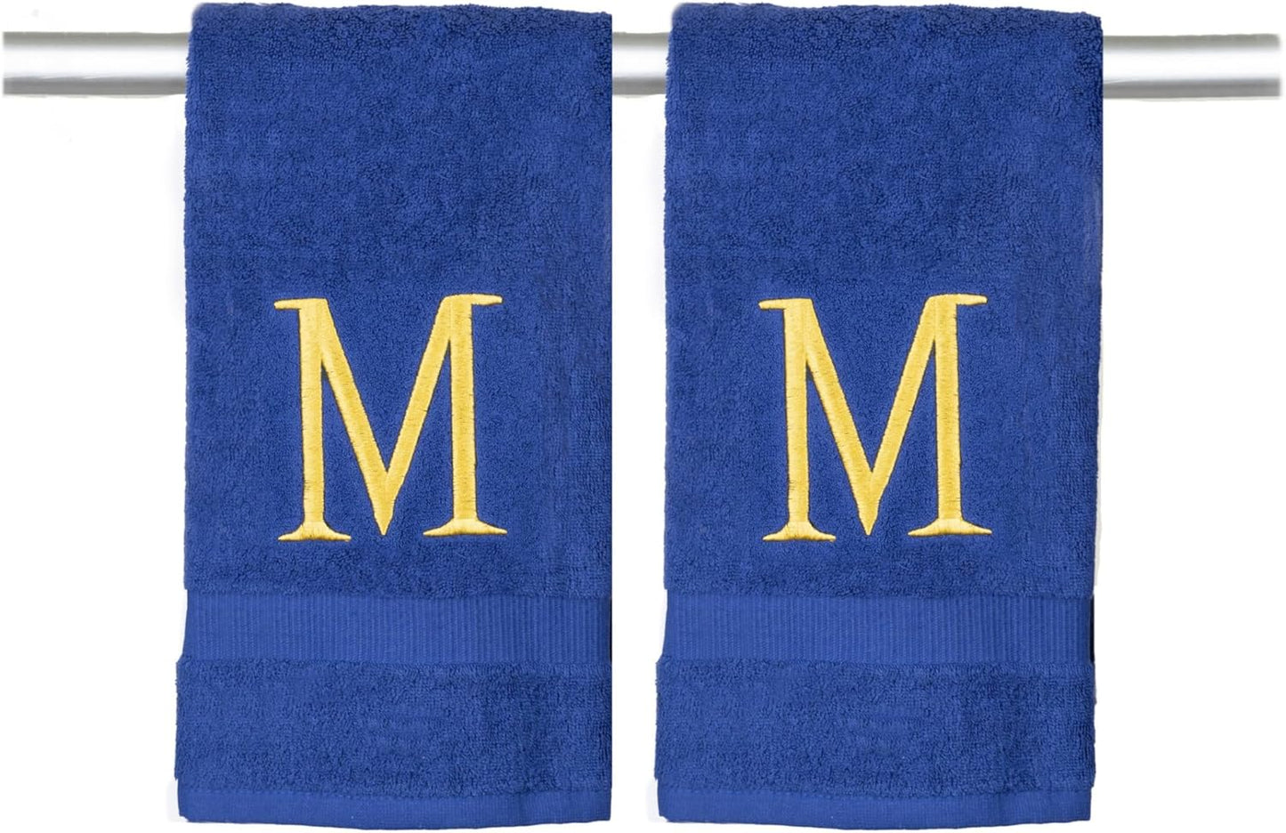 Navy Initial Hand Towel for Bathroom - Monogrammed Luxury Hotel Quality Decorative Embroidered Towel for Powder Room, Spa - GOTS Organic Certified - Pack of 2, Letter M