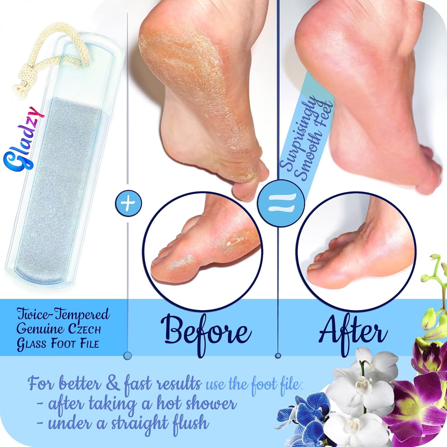 GLADZY Czech Glass Foot File Callus Remover – Double Sided Etched, Different Grit Coarse & Fine Surfaces for Hard Skin & Cracked Heels, Professional Pedicure Tool, Washable Reusable, Made in EU