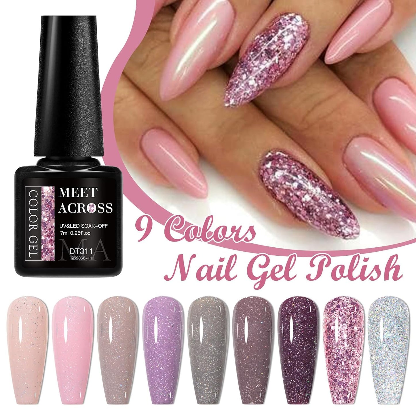 MEET ACROSS 9 Colors Gel Nail Polish + 3PCS Function Gel Nail Polish Kit,Fashion Nail Art Set Design Gifts for Women Manicure Salon (SET9, 12pcs)