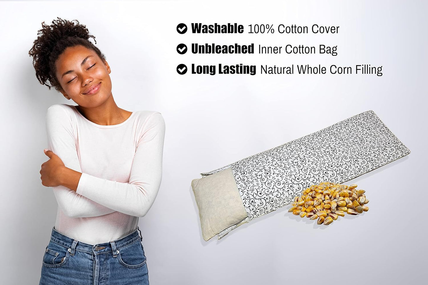 Microwavable Corn Filled Heating Pad and Cold Pack/Washable 100% Cotton Cover (Vines - Black and White, 5.25in W x 17.25in L)