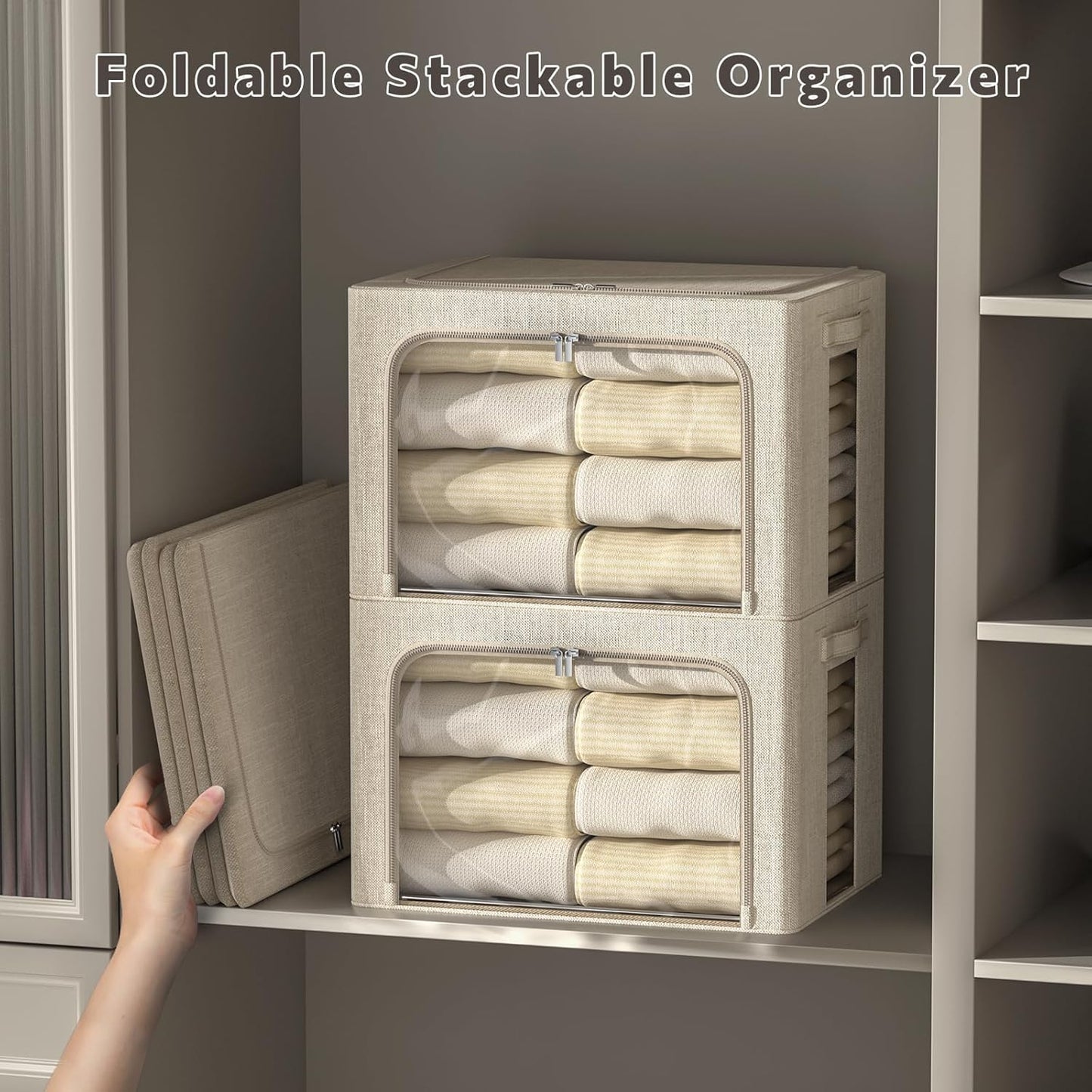 FHSQX 6 Pack Clothes Storage Bins with Metal Frame Foldable Storage Bins for Clothes Linen Fabric Storage Box with Clear Window (Beige, 15.7x11.8x11.8inch(36L))