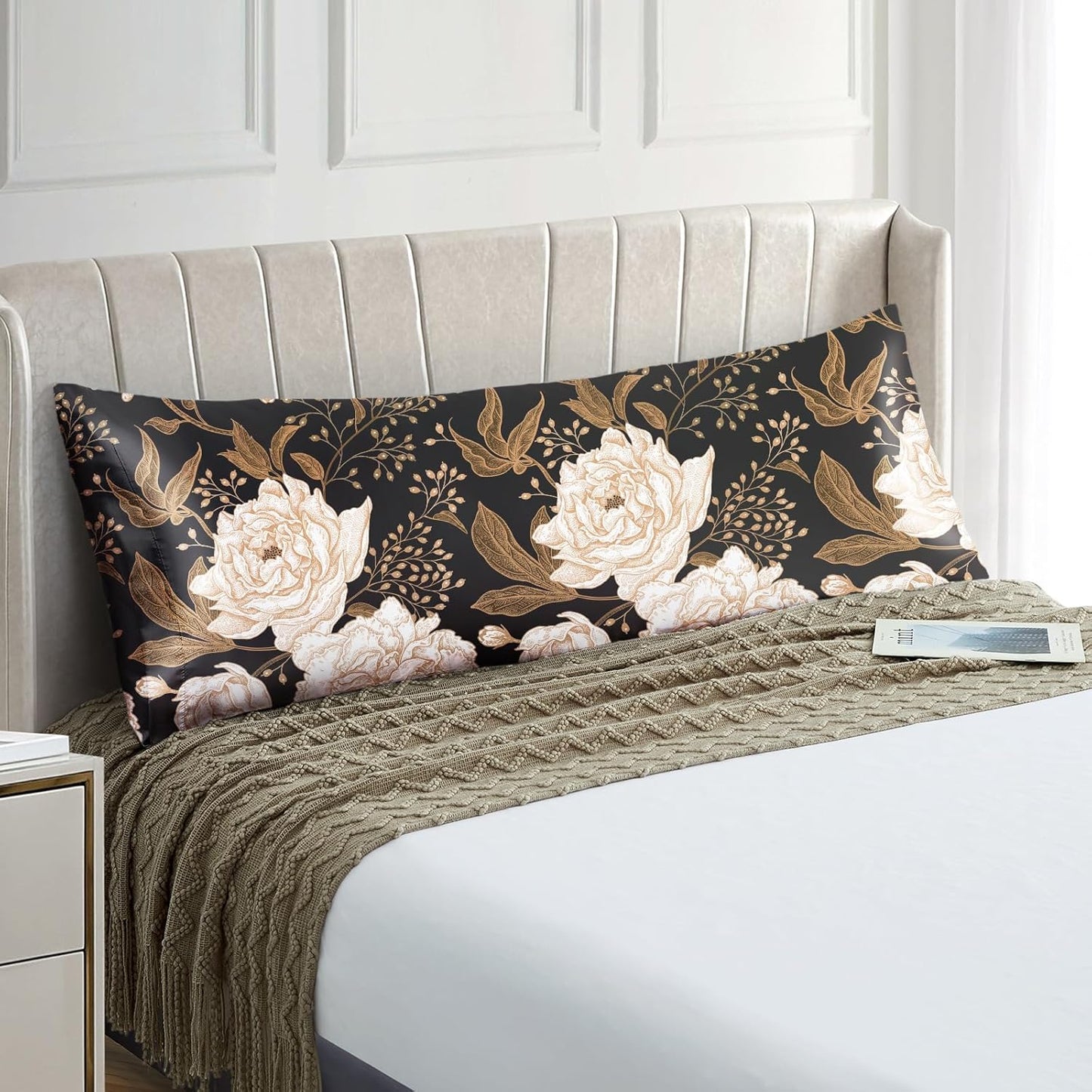 EXQ Home Satin Pillowcase for Hair and Skin Queen - Peony Printed Silk Pillowcase 20x54 inches - Body Satin Pillow Cases with Envelope Closure, Gifts for Women